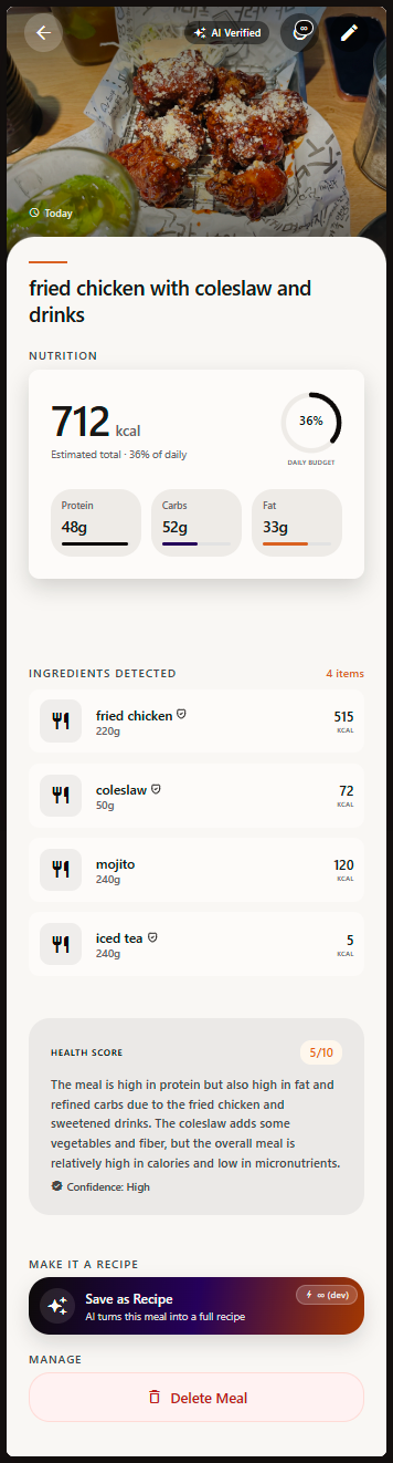 Meal detection result with ingredients and macros