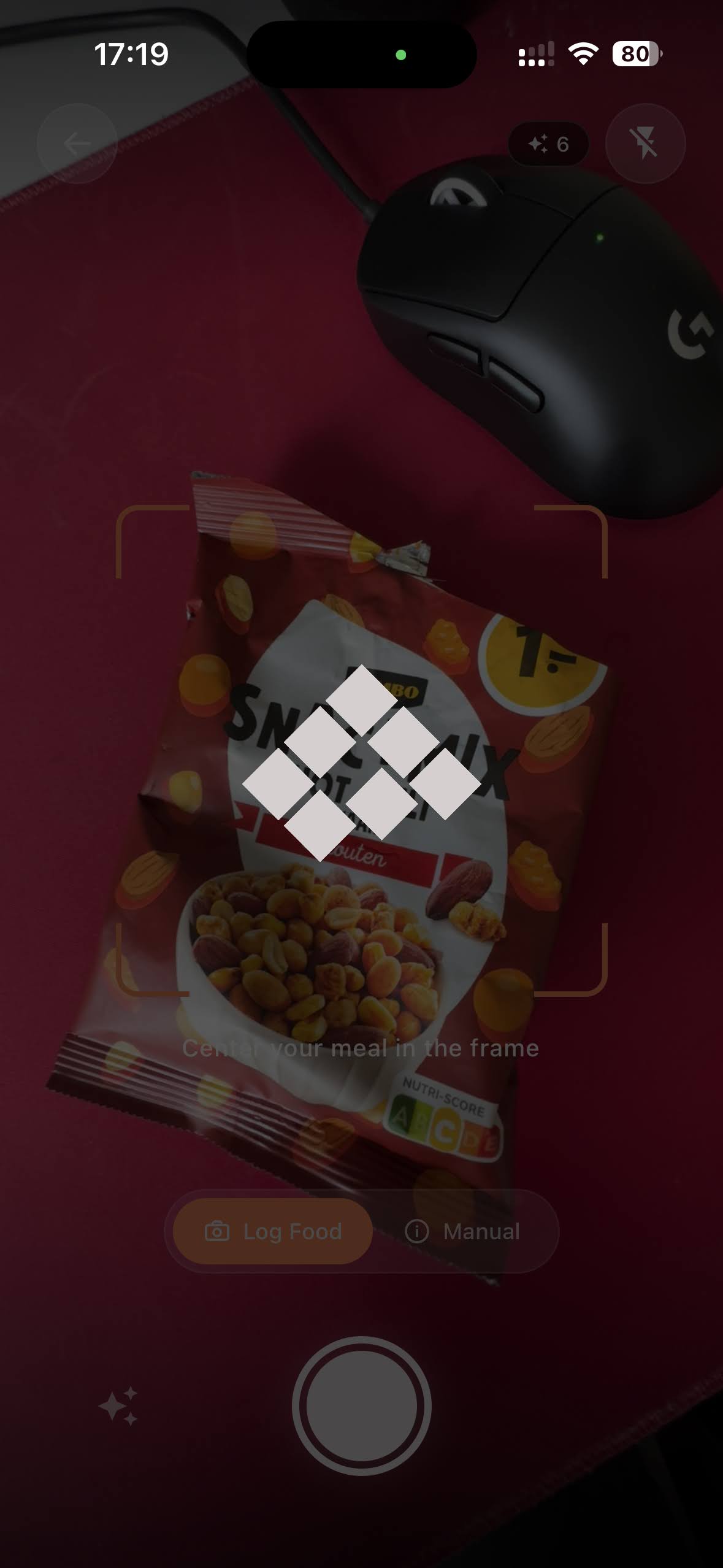 Camera screen with AI analysis grid overlay processing the photo