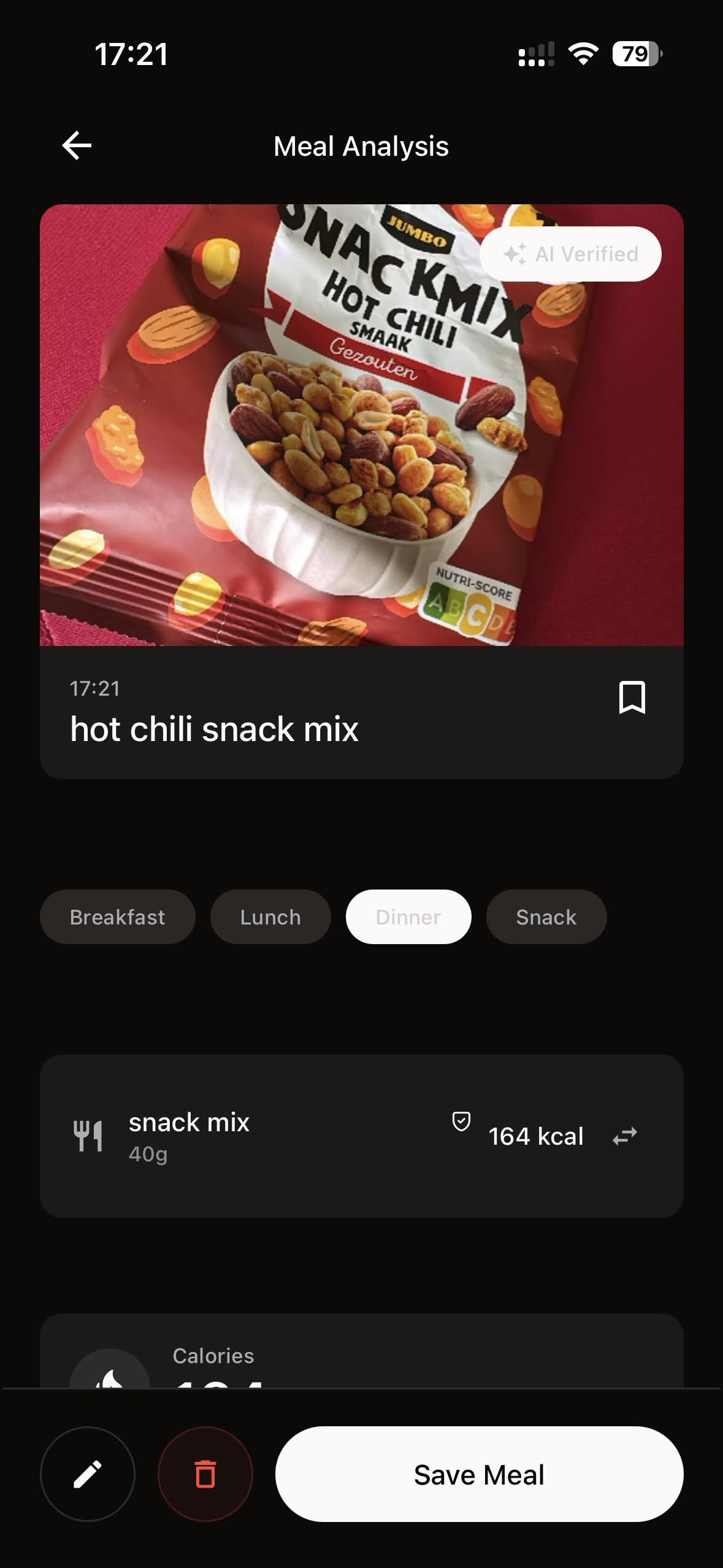 Meal analysis screen showing hot chili snack mix with 164 kcal and AI Verified badge